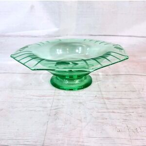 Vintage Green Glass Footed Pedestal Bowl Floral Etched Candy Dish